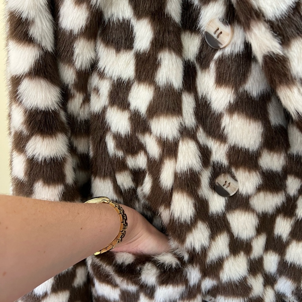 Checkered faux fur super warm Long Coat - Picture 5 of 8